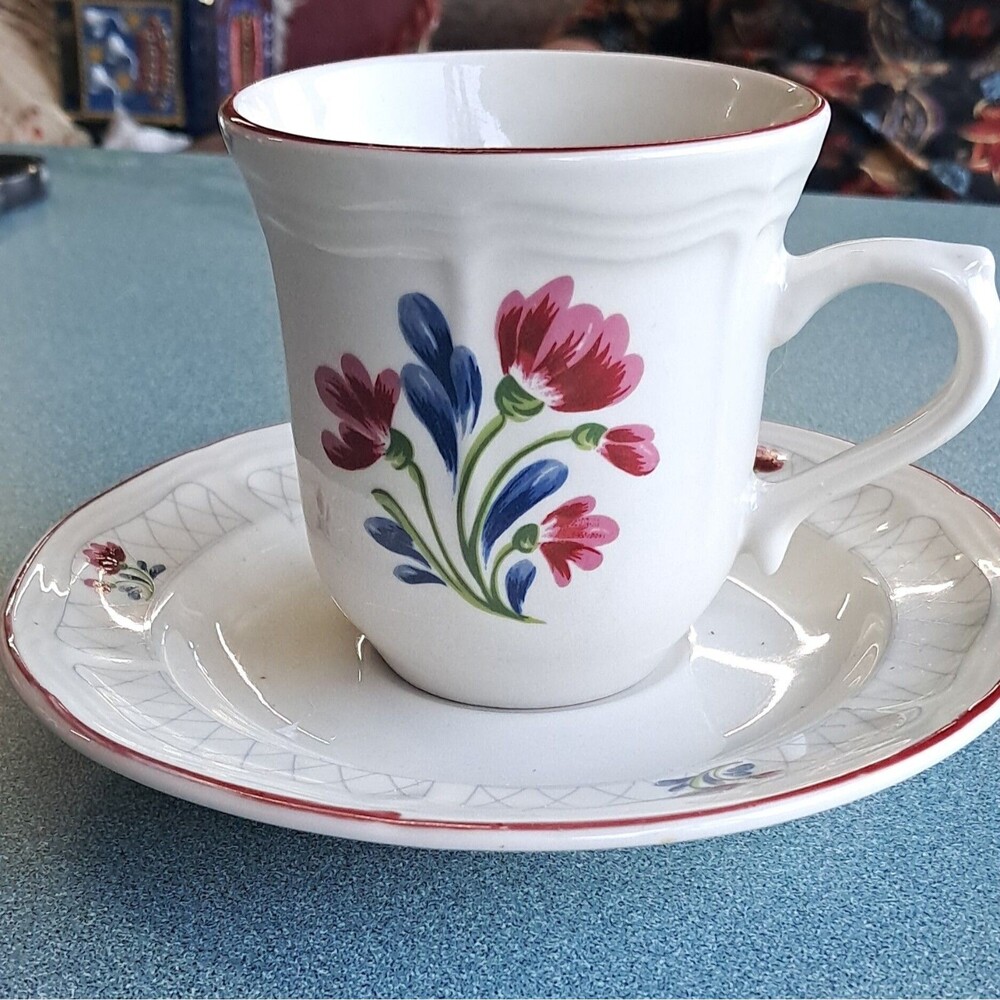 Tienshan Floral Stoneware Cup & Saucer Set, Microwave/Dishwasher Safe